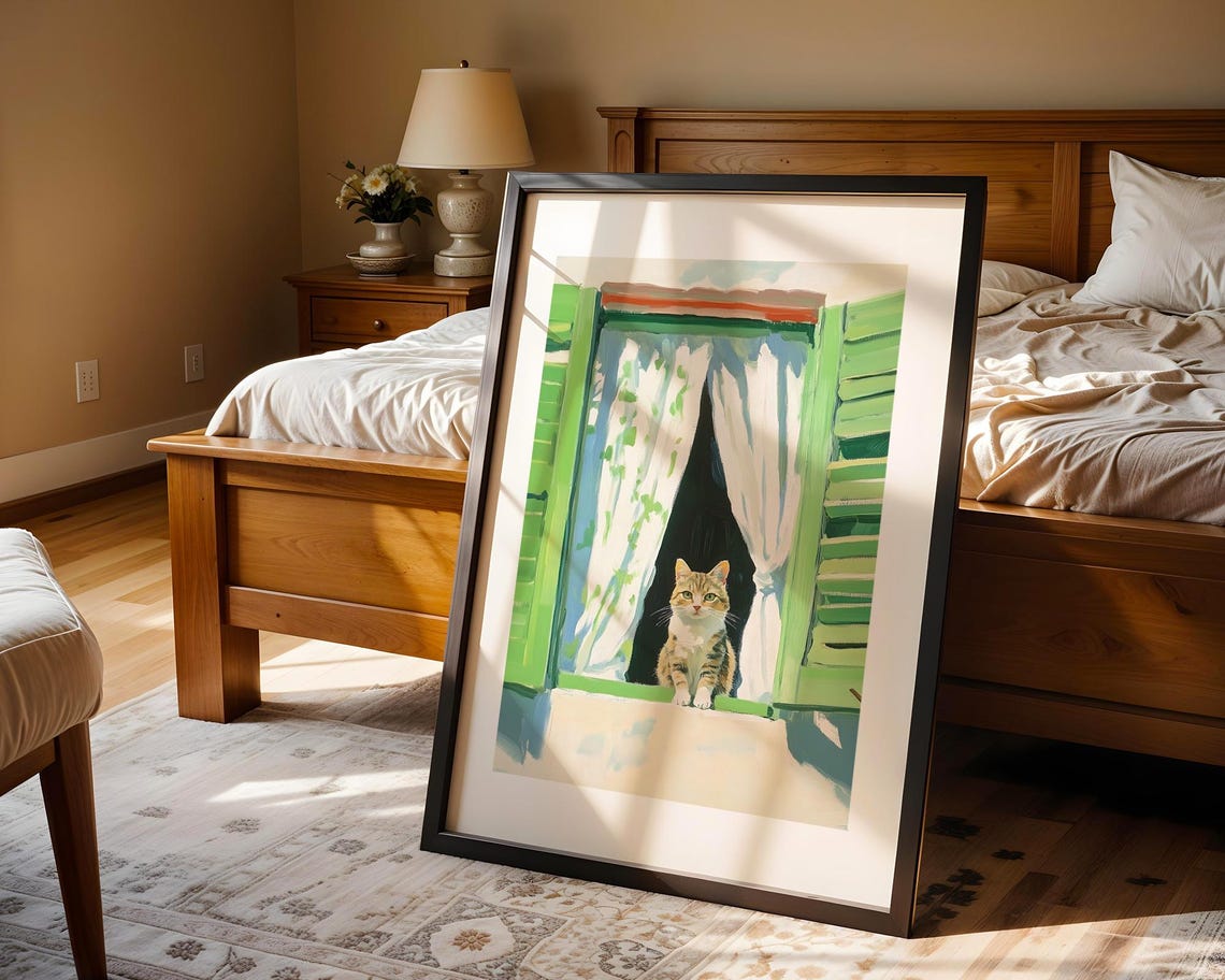 Cat in Green Shuttered Window White Curtain Impressionist Poster - Image 4