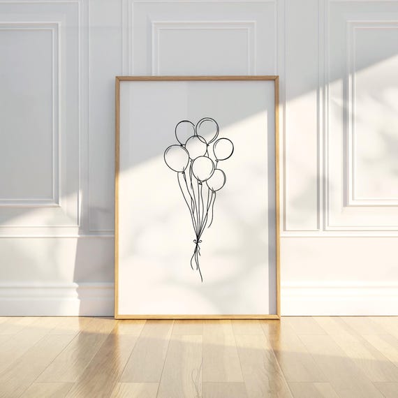 Simple Whimsical Balloon Pencil Sketch Nursery Wall Art Print Adventure Travel Minimalist Drawing Modern Kids Playroom Home Decor