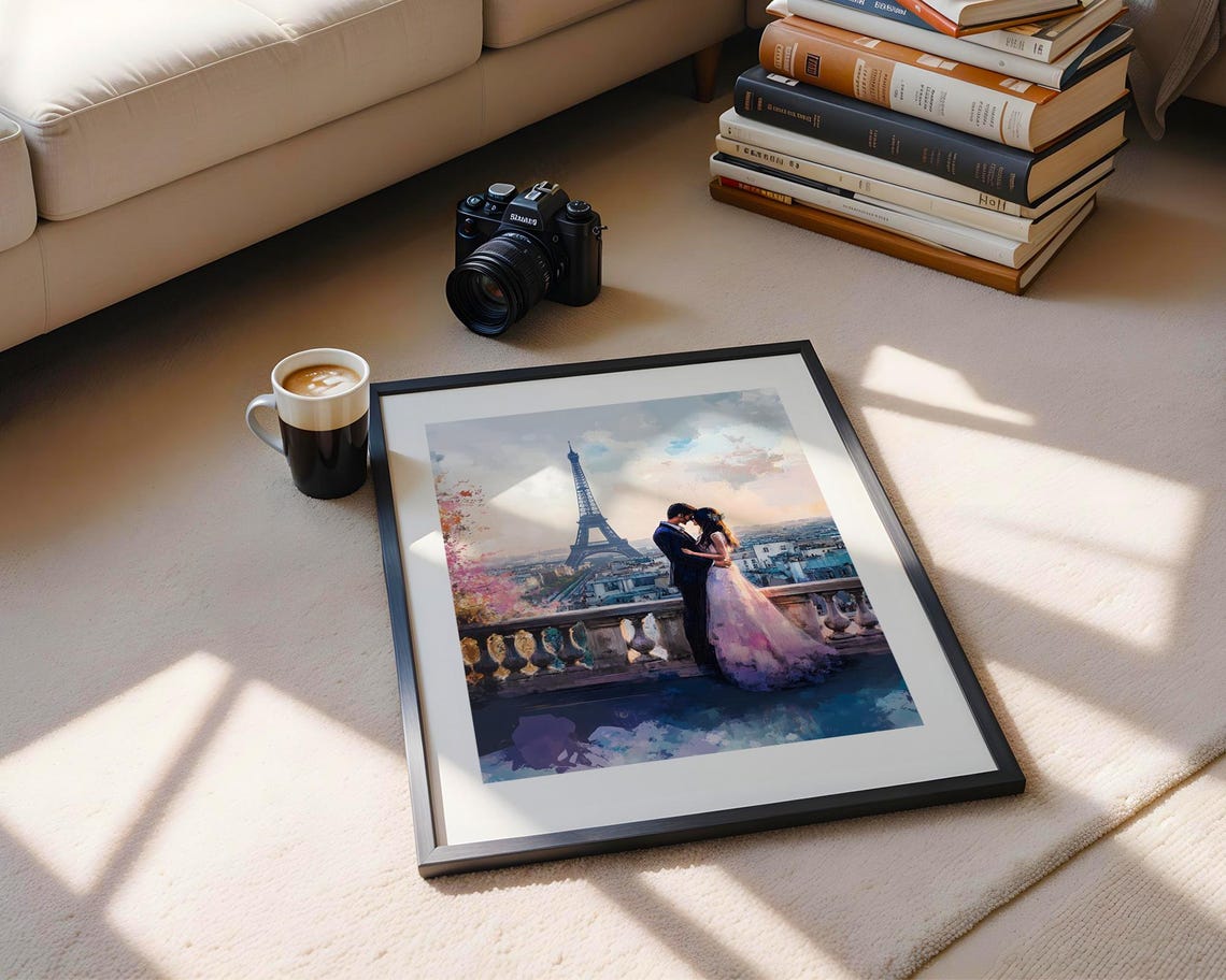 Eiffel Tower Couple Embrace Paris Rooftops Painterly Art Poster - Image 5