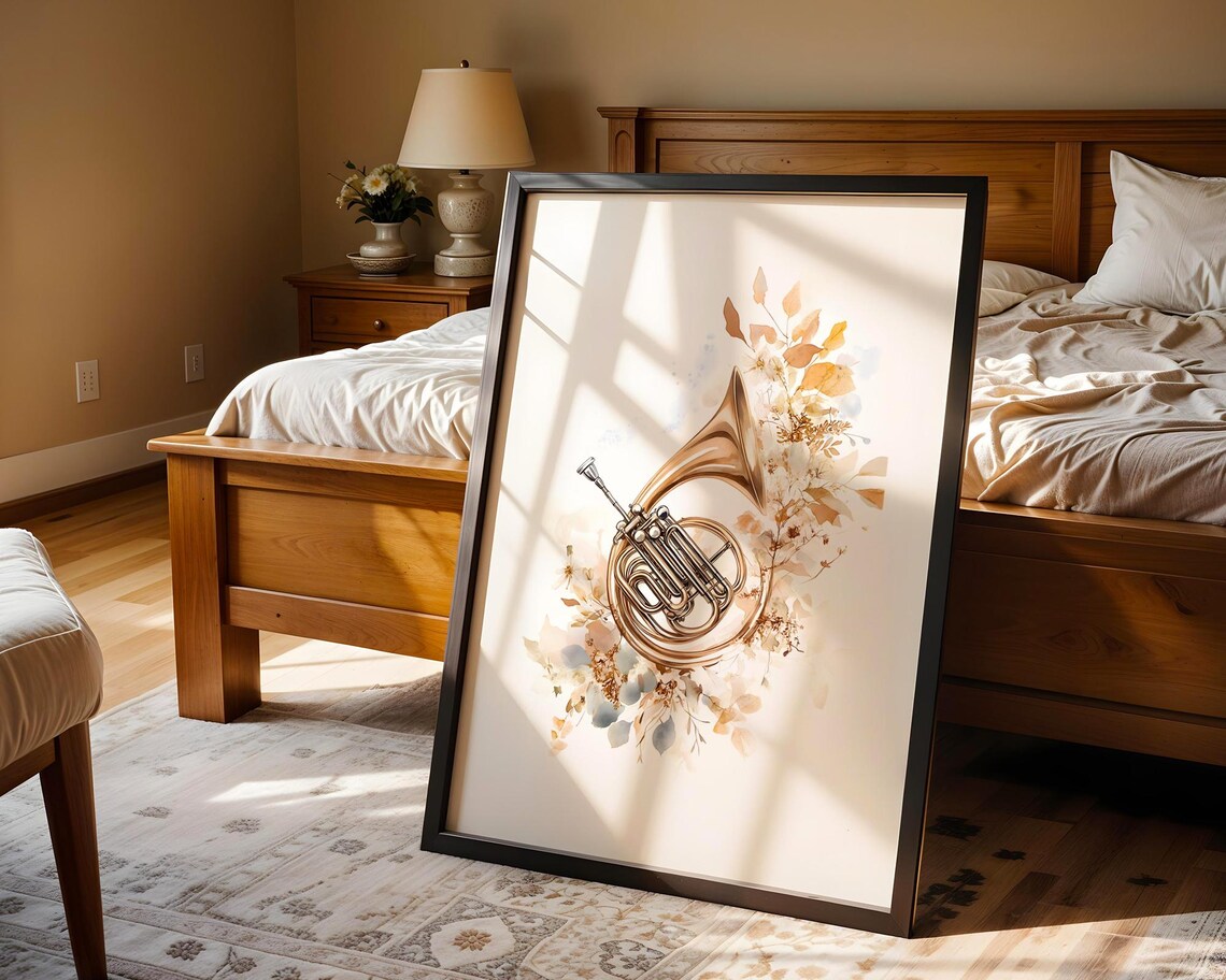 Golden French Horn Watercolor Floral Botanical Music Instrument Poster - Image 5