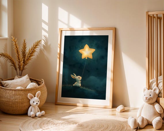 Star Balloon Bunny Nursery Wall Art Print Whimsical Nighttime Cute Rabbit Illustration Kids Playroom Baby Room Home Decor Shower Gift