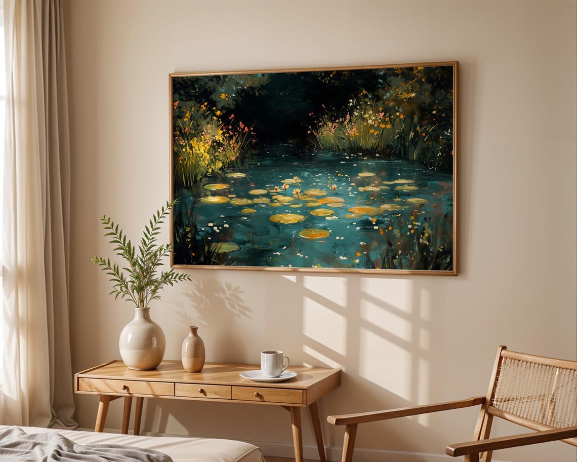 Dark Pond Water Lilies Impressionist Night Garden Floral Wall Art - Image 5