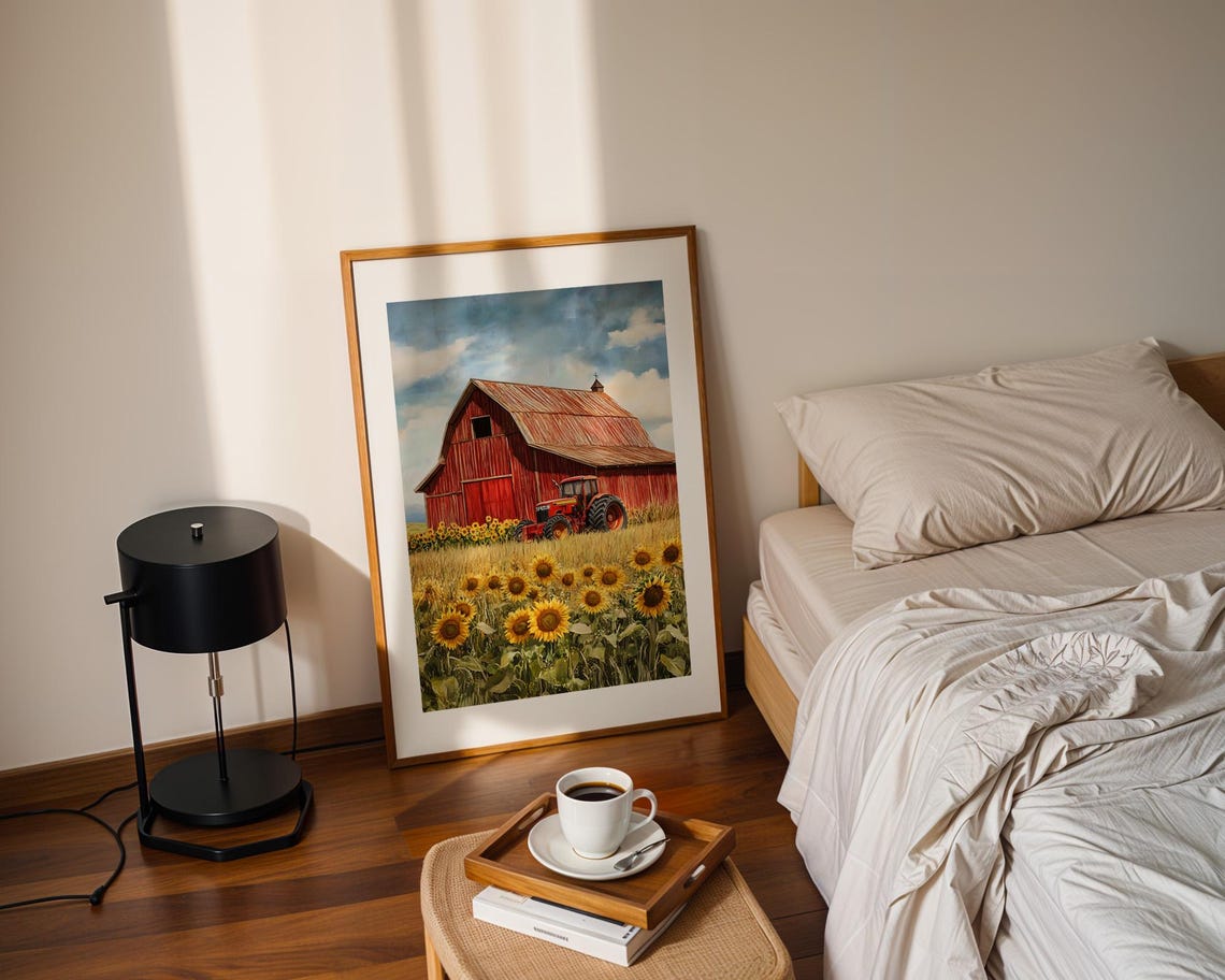 Red Barn Tractor Sunflower Field Watercolor Farm Scene Art Poster - Image 2
