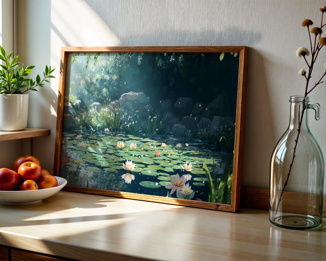 Water Lily Pond Forest Dreamy Blossom Impressionist Style Poster - Image 2