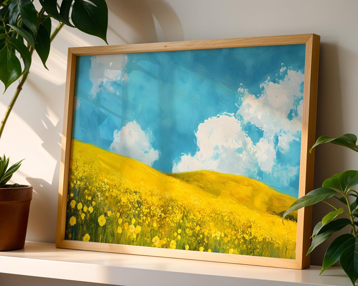 Yellow Wildflower Hills Turquoise Sky Bright Summer Art Poster - Image 4