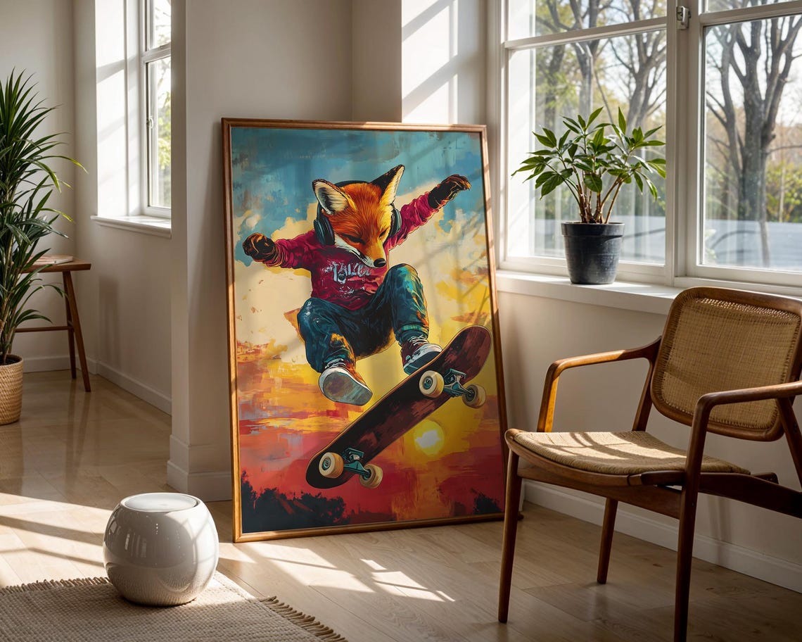 Skateboarding Fox Headphones Sunset Sky Warm Orange Skater Poster - Image 3