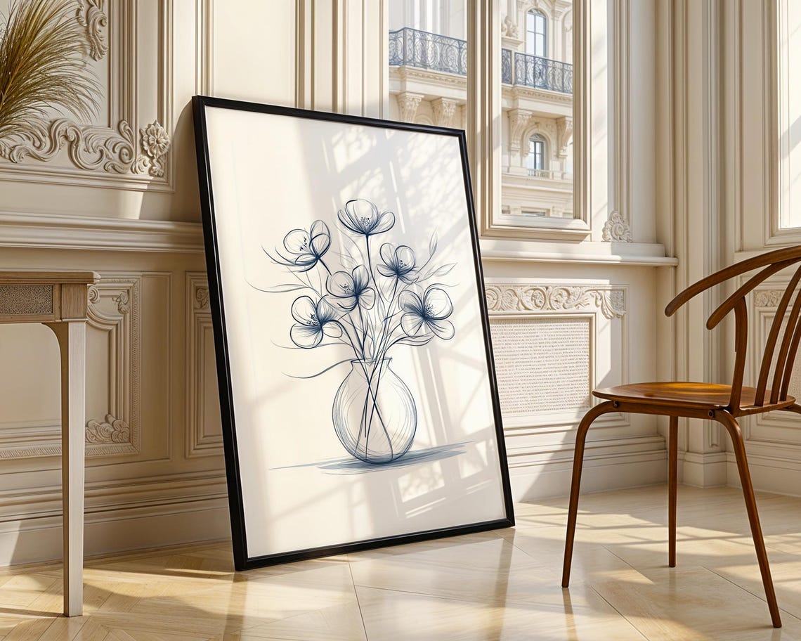 Blue Ink Poppy Flowers in Vase Art Poster for Minimalist Home Decor - Image 3