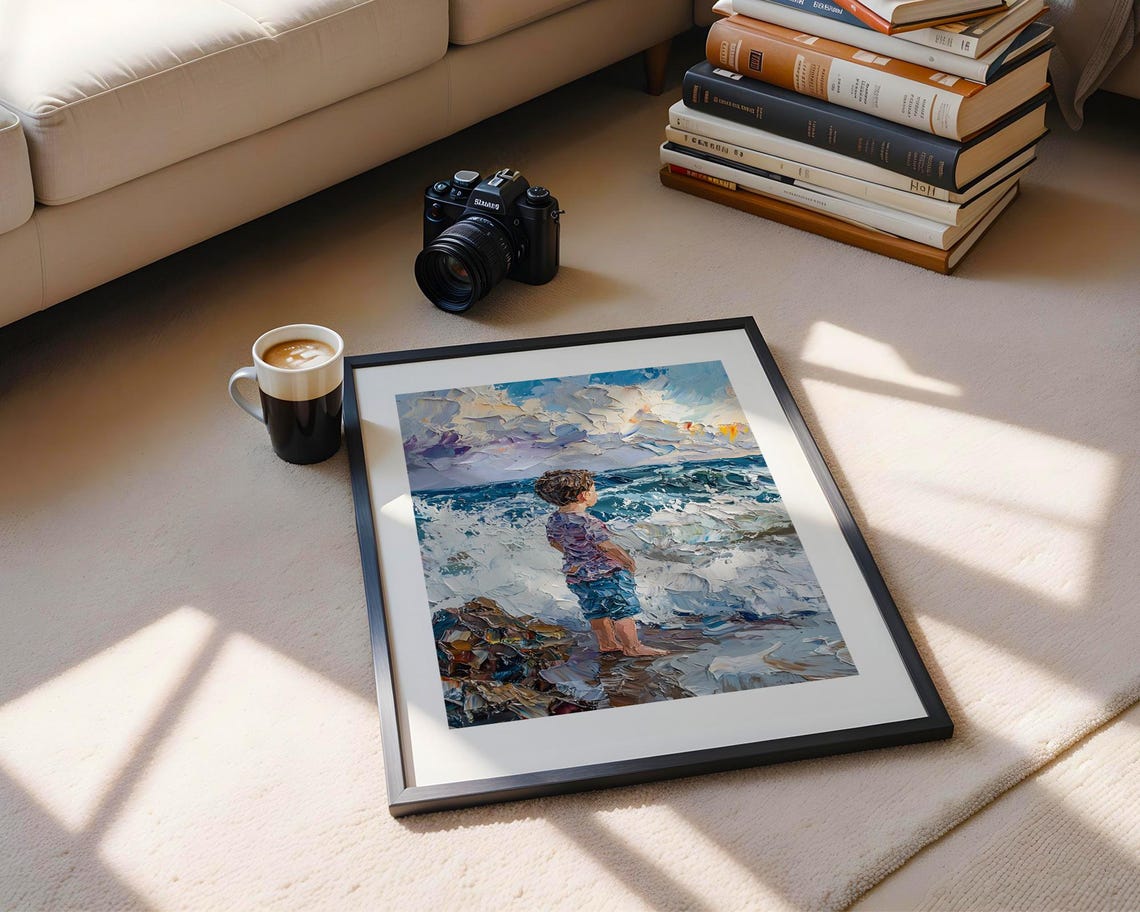 Boy Watching Ocean Waves Textured Impasto Coastal Oil Art Poster - Image 5
