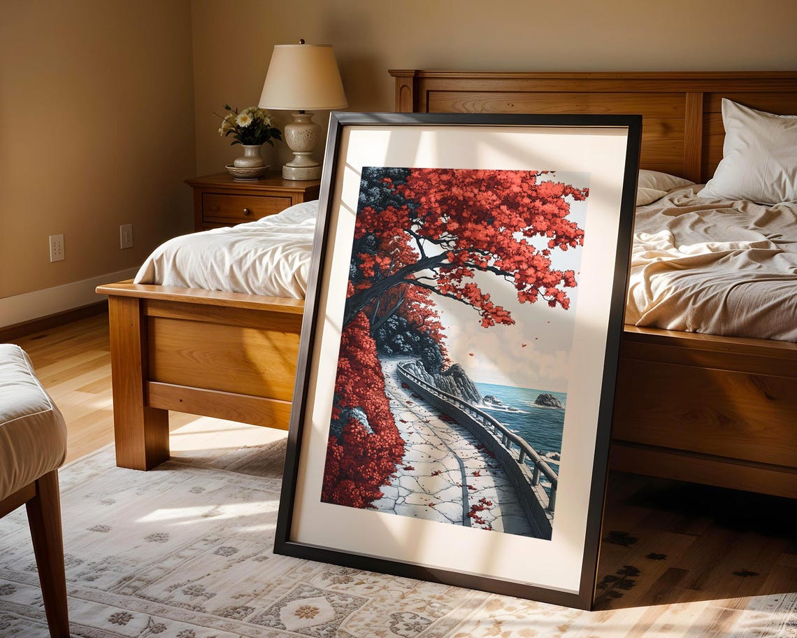 Red Maple Trees Along Coastal Road Art Poster in Japanese Style - Image 4
