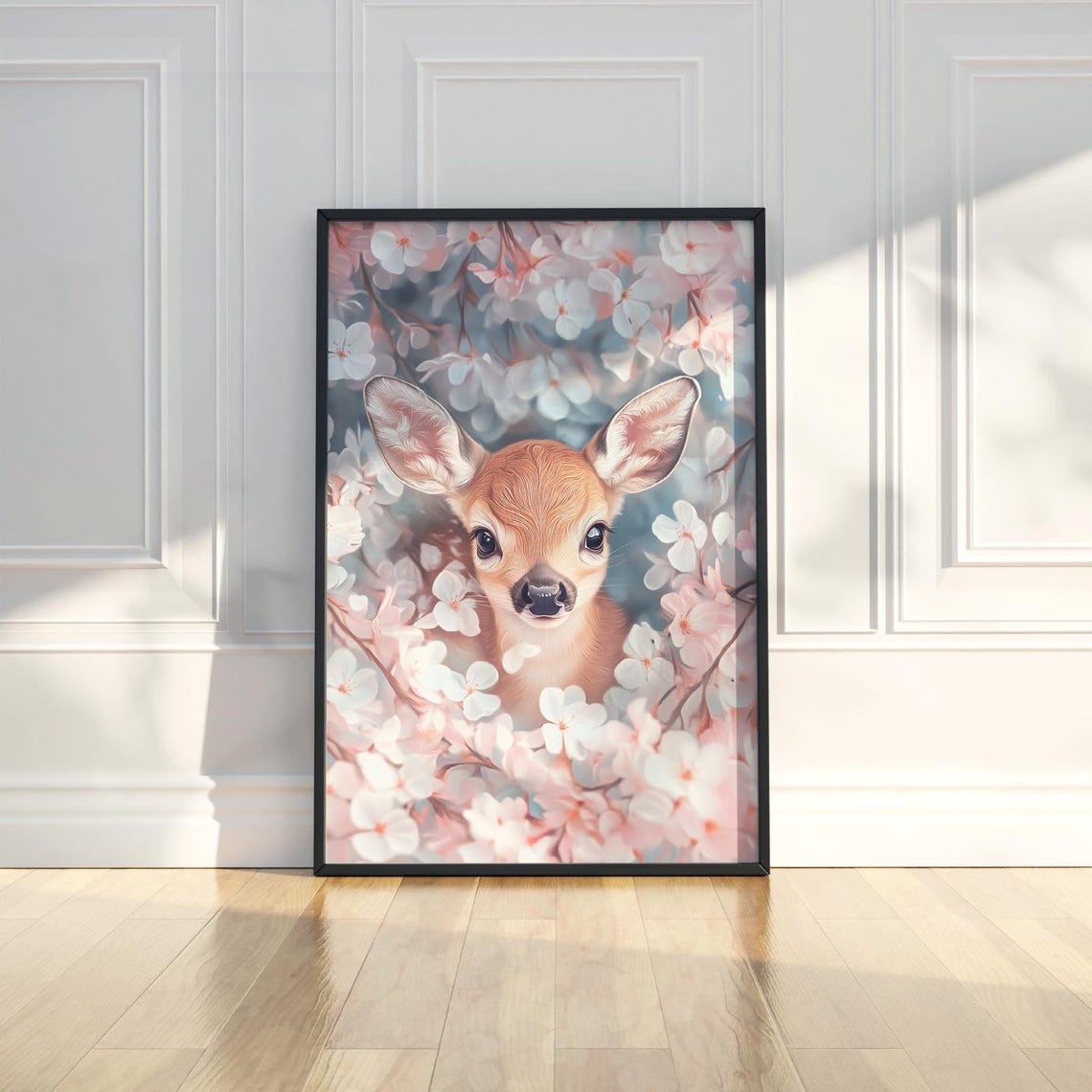 Cute Baby Deer in Cherry Blossoms Art Poster for Nursery Walls