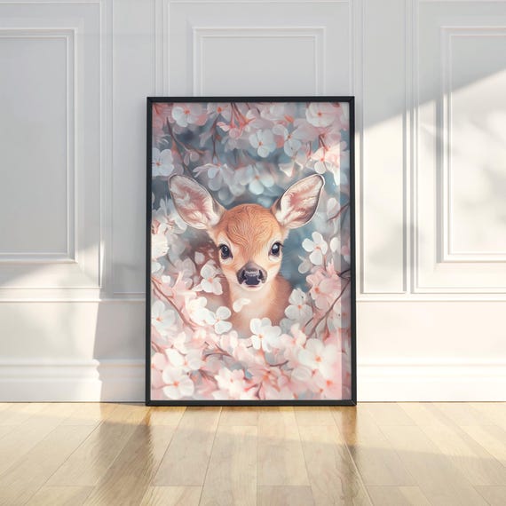 Adorable Cute Baby Deer Wall Art Print Nursery Animal Decor Kawaii Pastel Floral Gift For Kids Playroom Room Girl