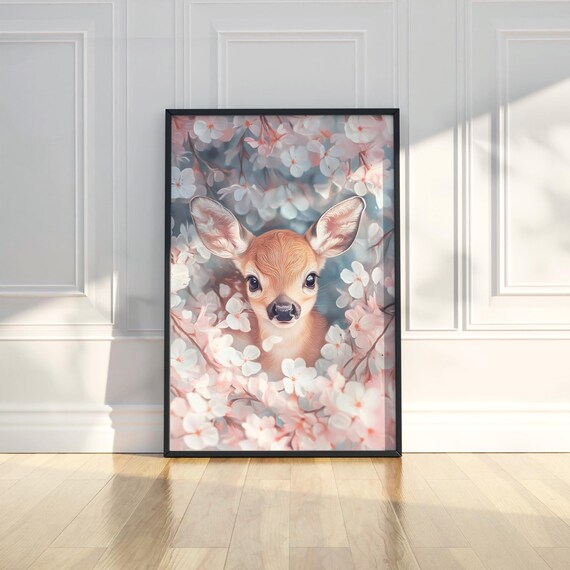 Cute Baby Deer in Cherry Blossoms Art Poster for Nursery Walls