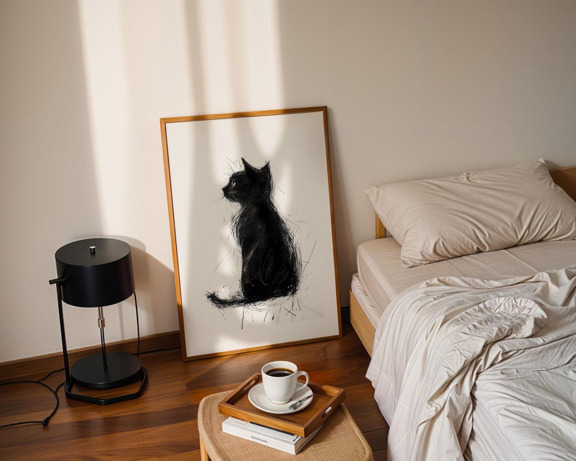 Black Cat Silhouette Ink Sketch Minimalist Feline Animal Wall Art - Image 3