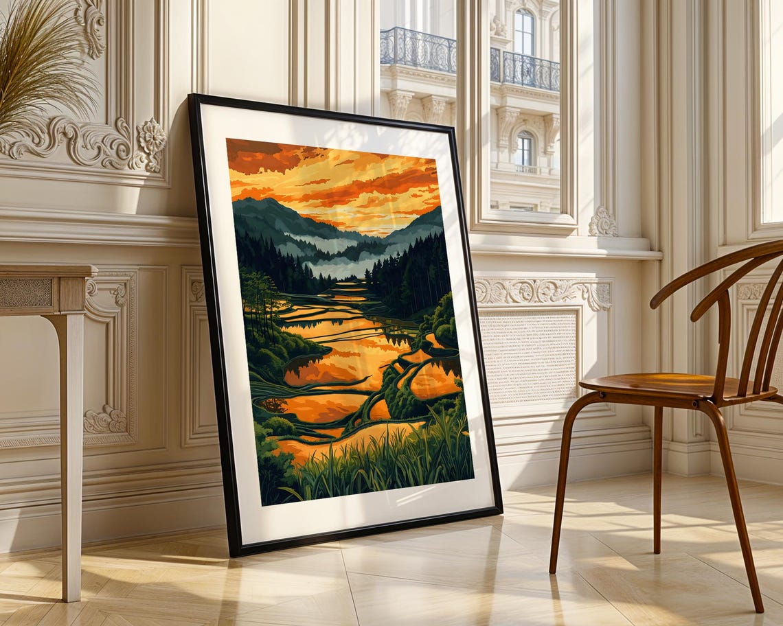 Vibrant Sunset Rice Terraces Colorful Painting Landscape Poster - Image 3