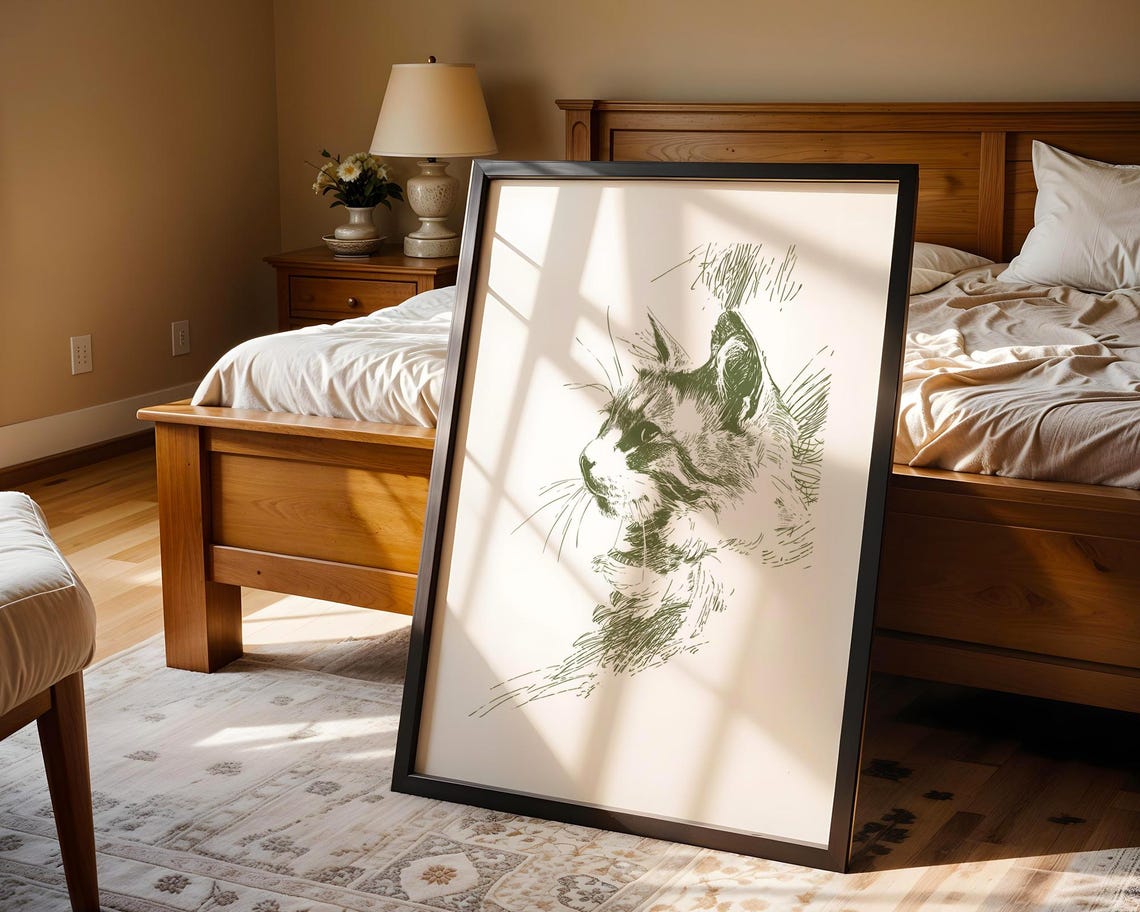 Cat Head Green Ink Sketch Feline Line Drawing Portrait Poster - Image 5