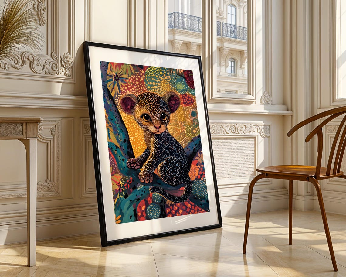 Baby Leopard Cub In Colorful Dotted Pointillism Jungle Foliage Poster