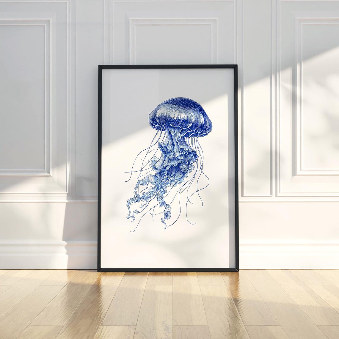 Graceful Jellyfish Blue Ink Sketch Ocean Sea Life Art Poster