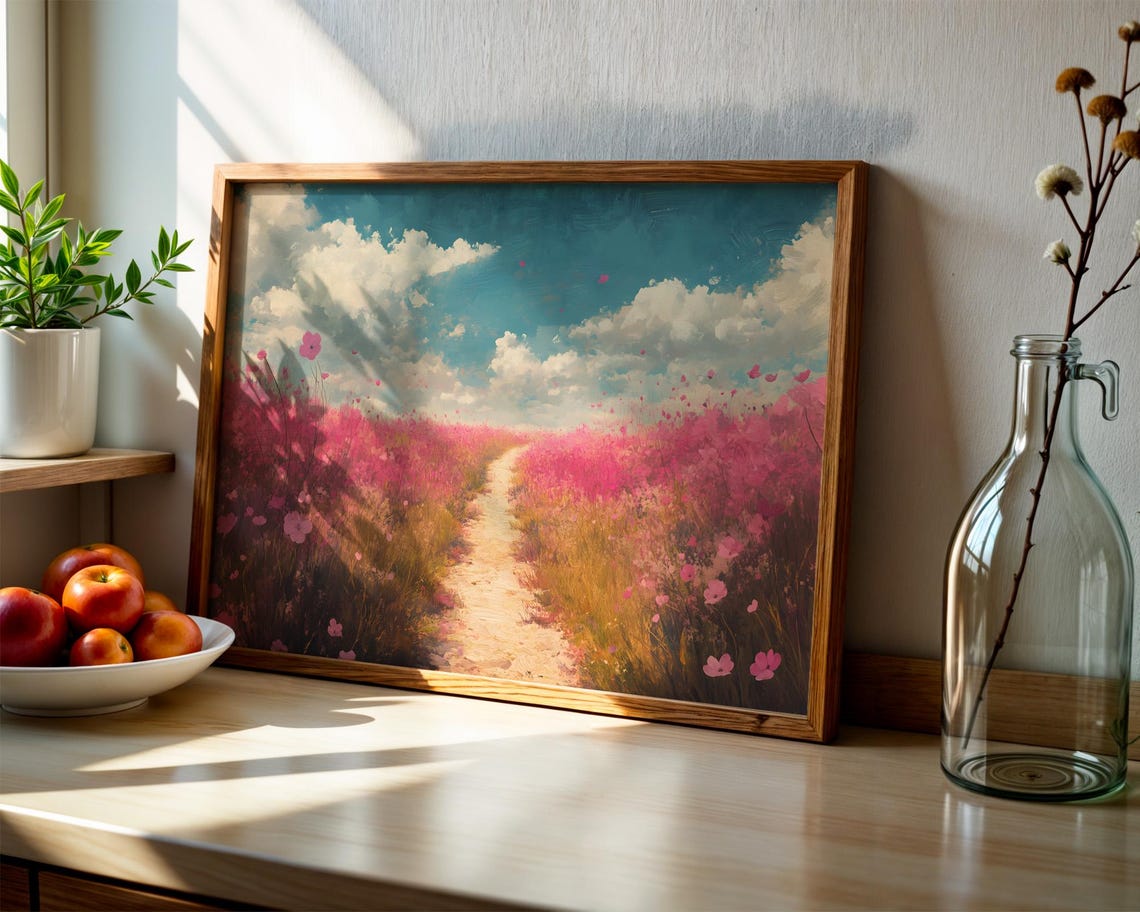 Pink Cosmos Meadow Path Teal Sky Dreamy Wildflower Art Poster - Image 2