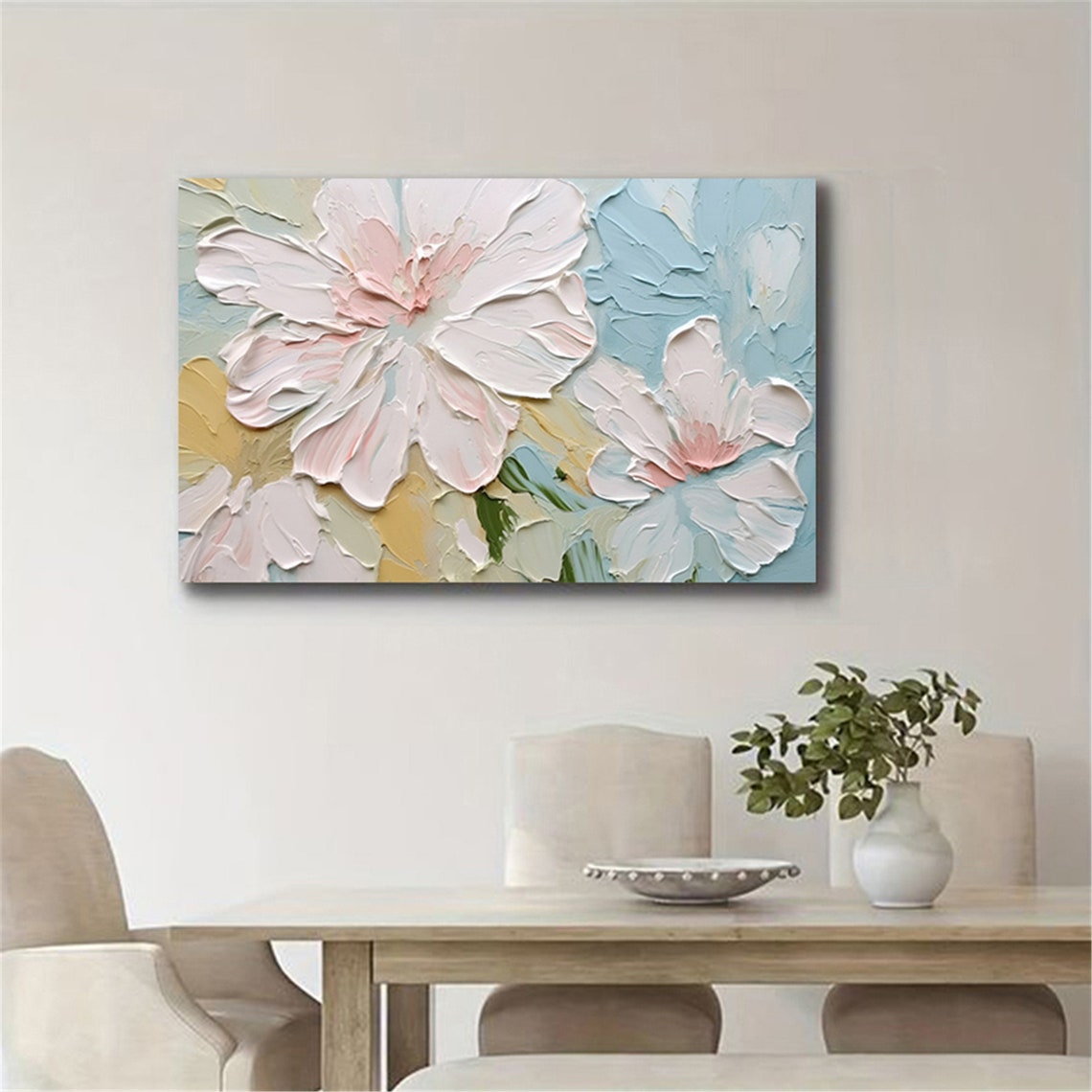 Giant Blush Peony Blossoms Blue Gold Panoramic Floral Wall Art - Image 2