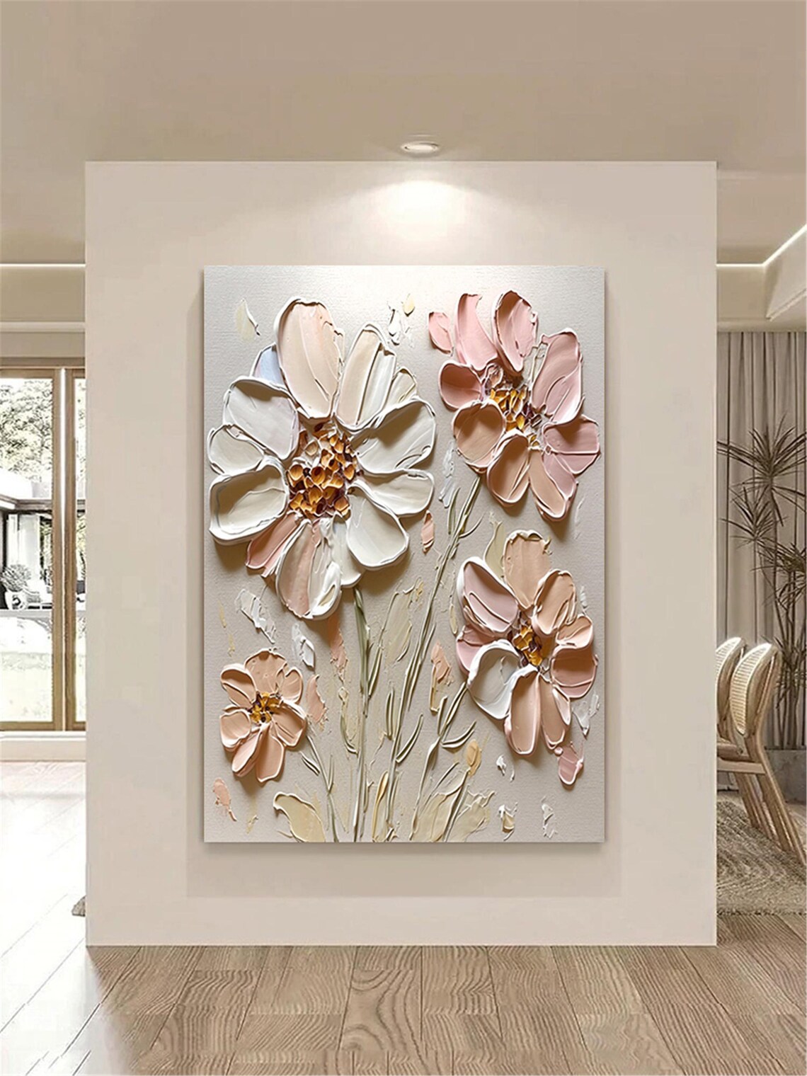 Oversized Pink Cream Bloom 3D Textured Floral Painting Poster - Image 5