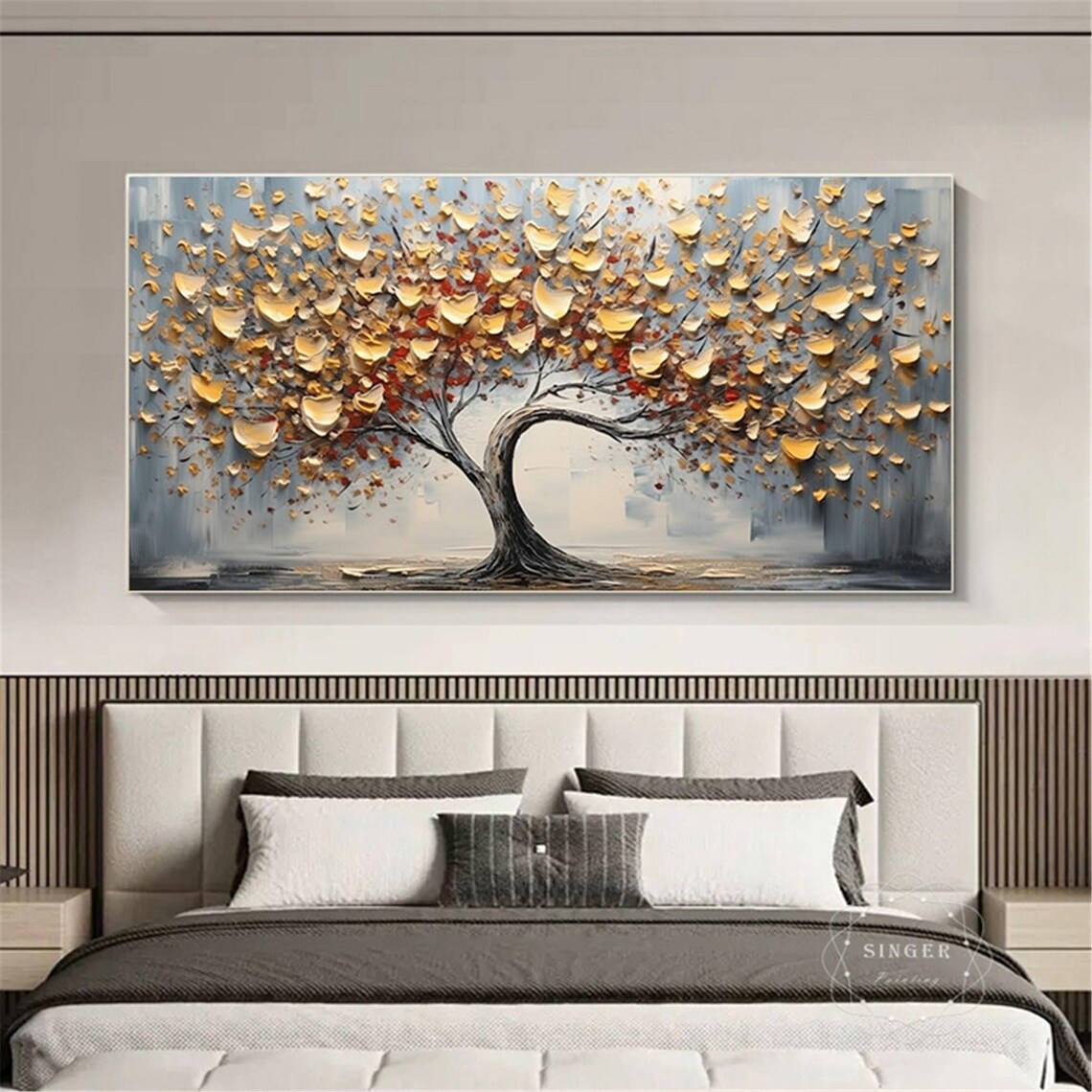 Golden Tree Autumn Red Leaves 3D Textured Abstract Painting Poster - Image 3