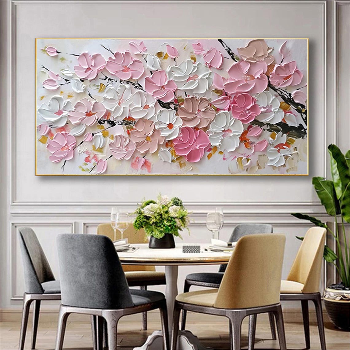 Pink White Cherry Blossom 3D Textured Floral Branch Painting Poster - Image 5