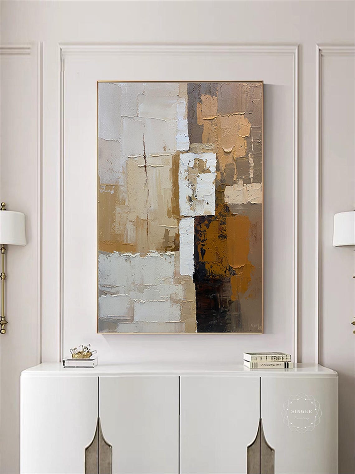 Geometric Blocks Abstract 3D Textured Painting Ochre Cream Wall Art - Image 2