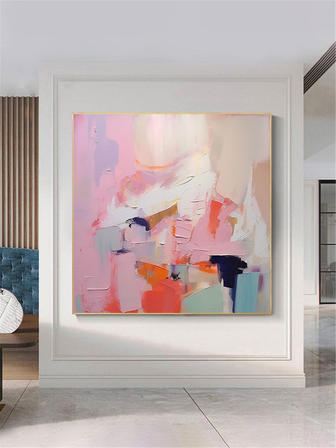 Blush Pink Navy Orange Modern Abstract Brushstroke Gallery Wall Art - Image 3