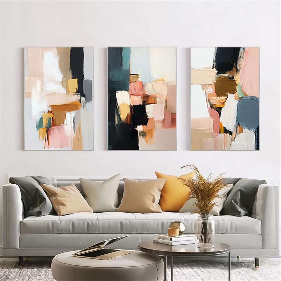 3 Pieces Pink Abstract Painting, Wabi Sabi Christmas Art Print - Image 4