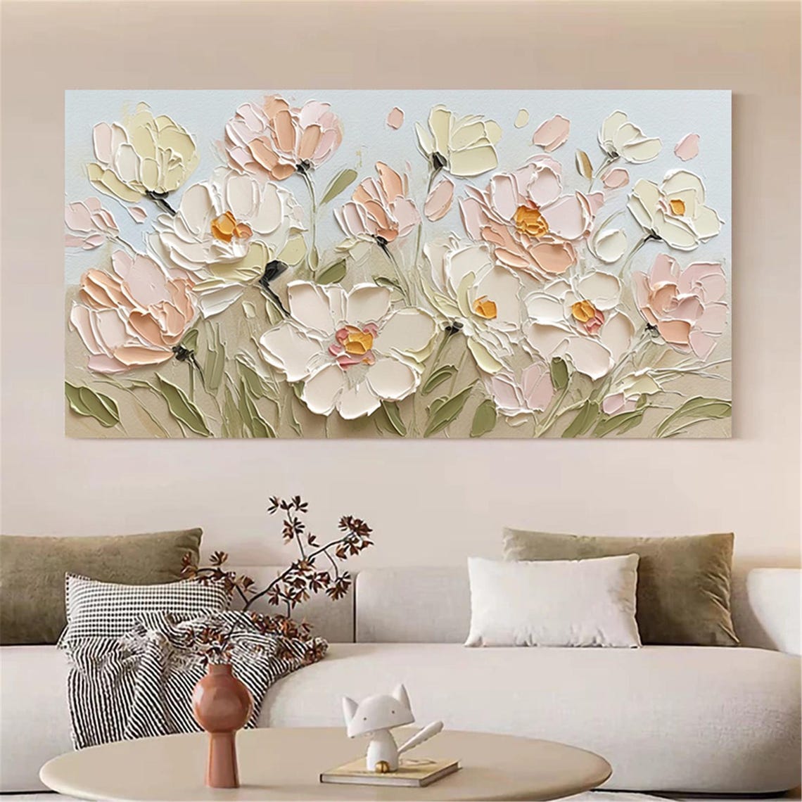 White Pink Bloom Sage Neutral 3D Textured Floral Painting Poster - Image 3