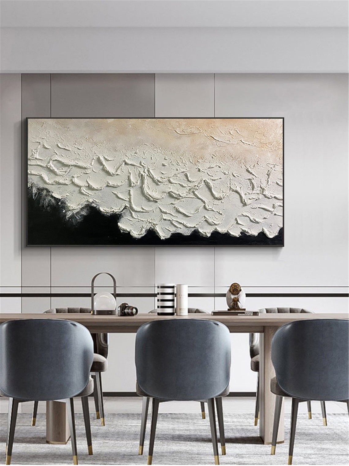 Black White Ocean Waves 3D Textured Impasto Painting Bold Poster - Image 3