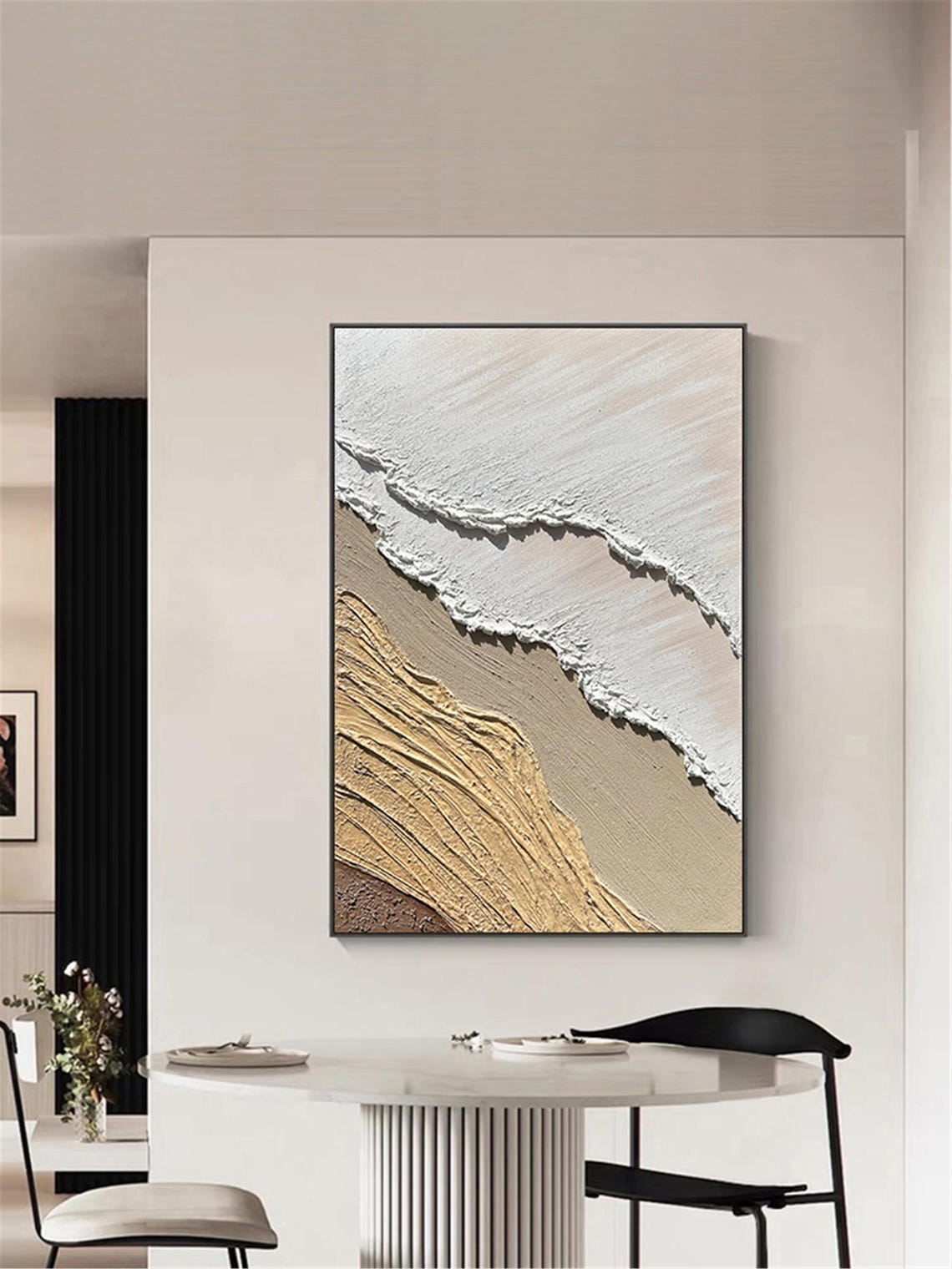 Beige White Textured Rock Waves Neutral Abstract Framed Wall Art - Image 4