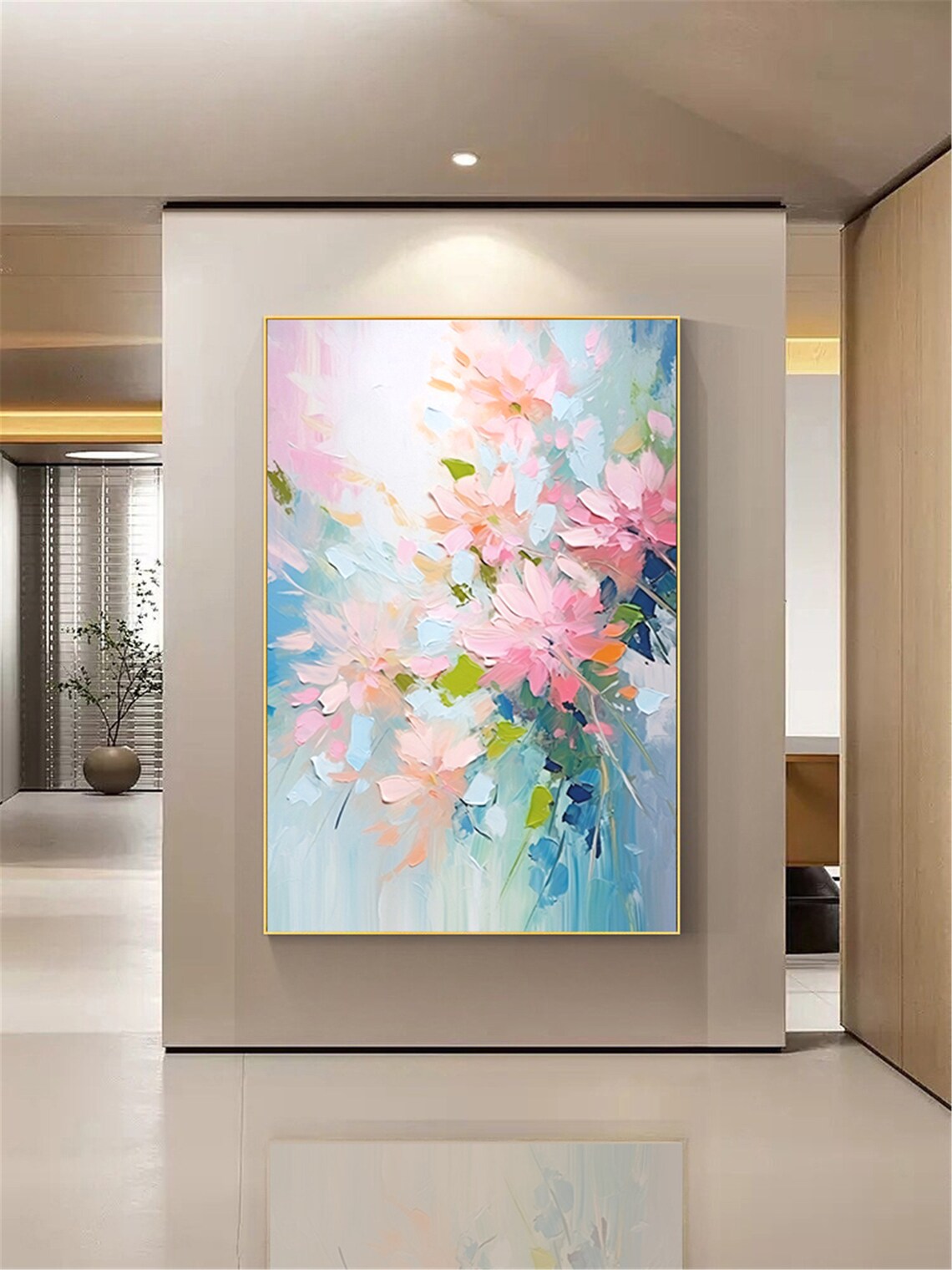 Soft Pink Pastel Floral Spray Blue Green Vertical Blossom Wall Art - Image 5
