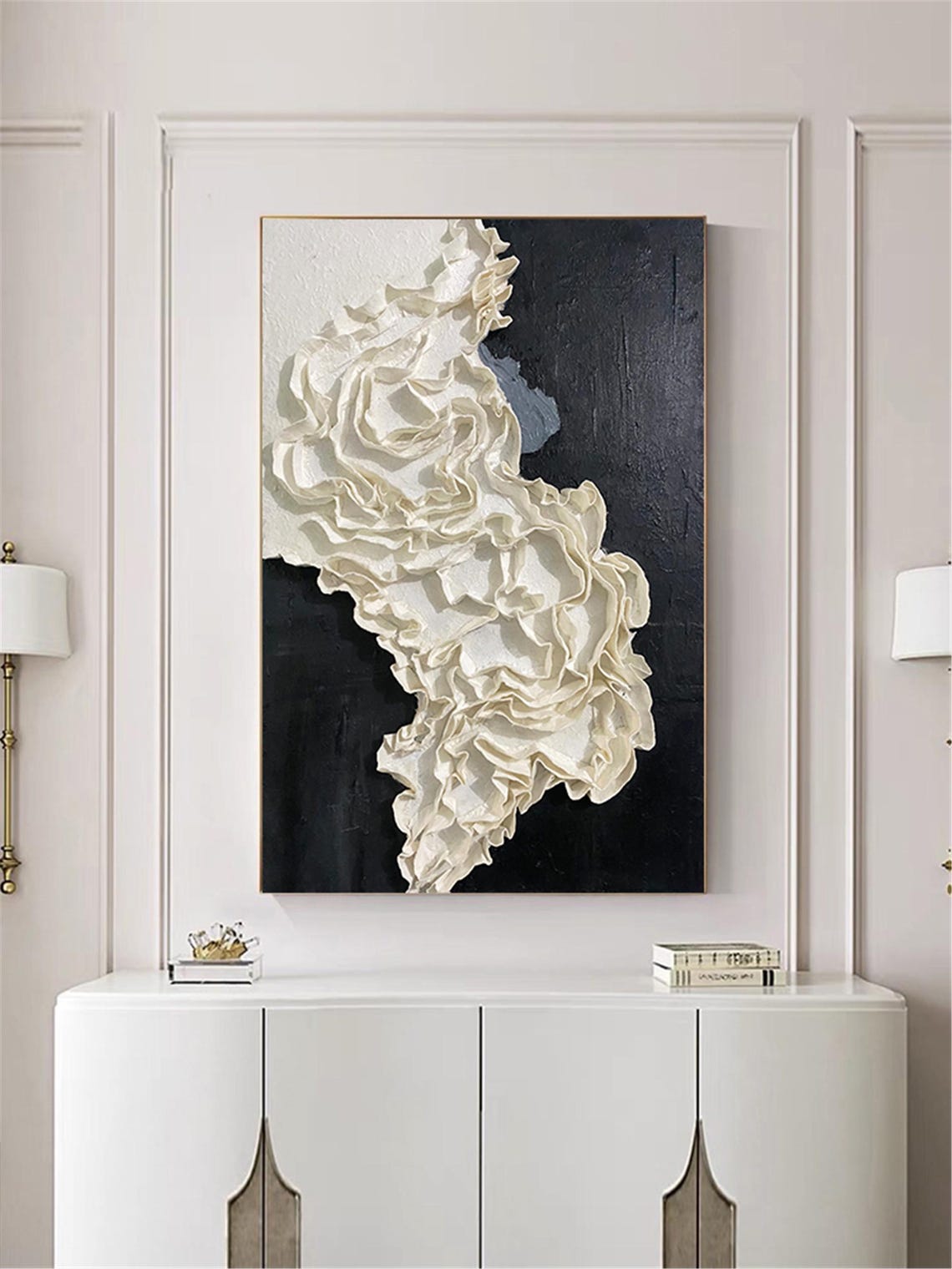 Ivory Ribbon Flow Abstract 3D Textured Painting Black Vertical Print - Image 2