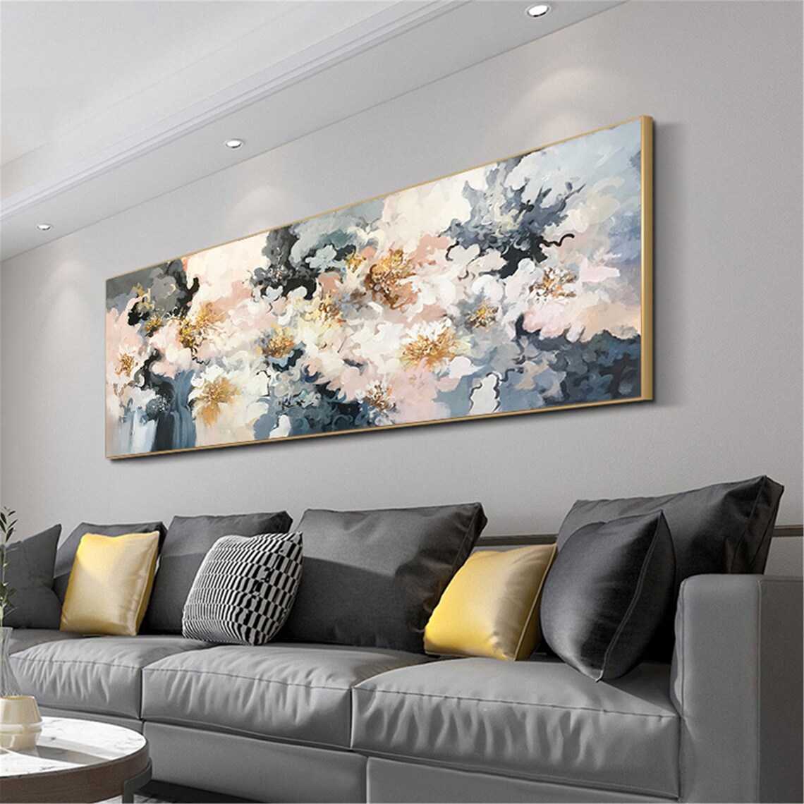 Blue Navy White Golden Floral Abstract Panoramic Living Room Wall Art - Image 2