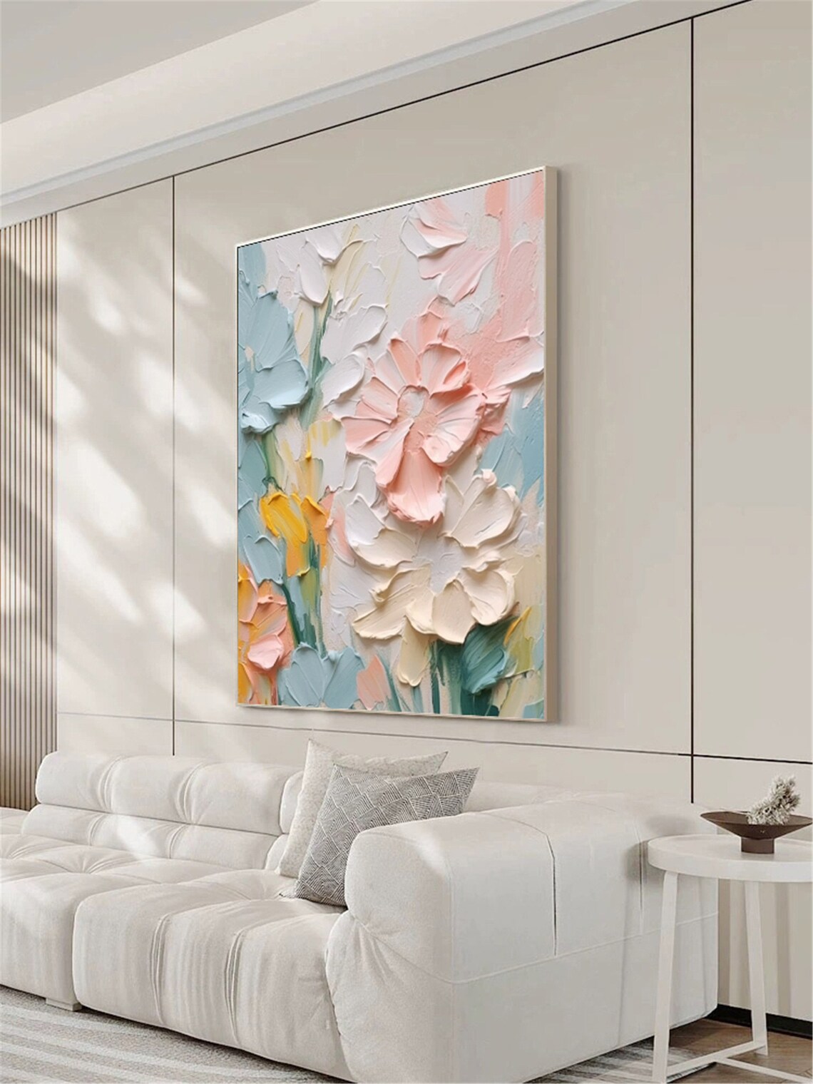 Pastel Pink White 3D Textured Floral Bloom Abstract Painting Poster - Image 2