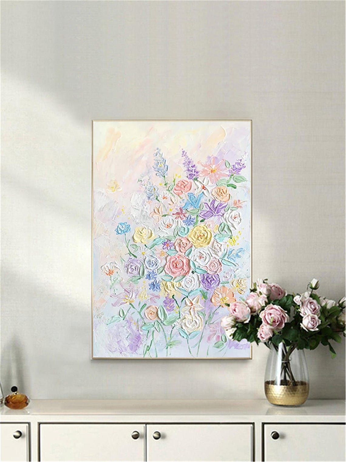 Pastel Bouquet Roses Wildflowers 3D Textured Floral Painting Poster - Image 2