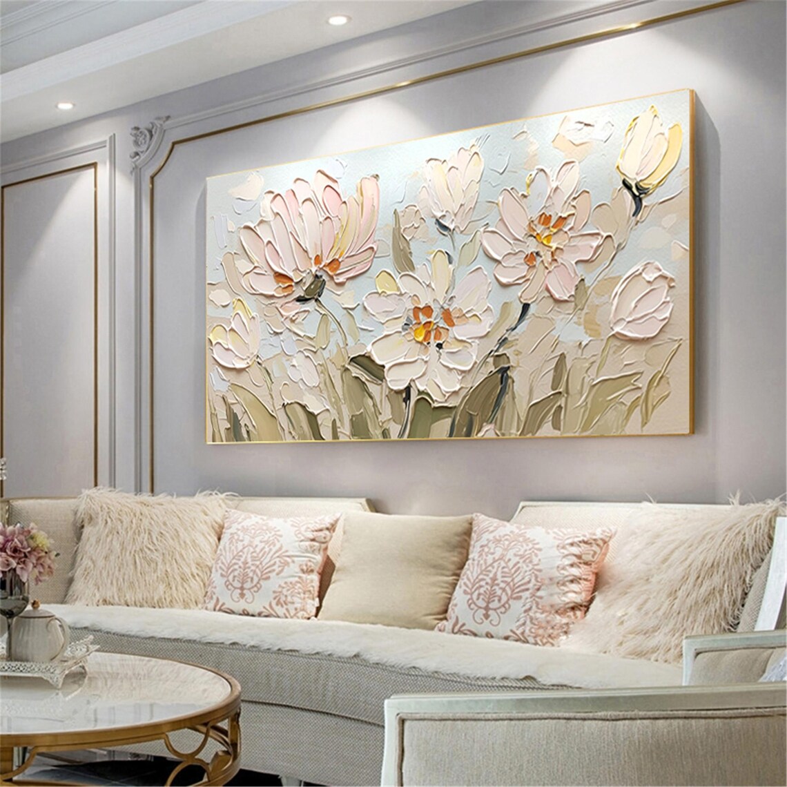 Pink Cream Bloom Sage Green 3D Textured Floral Painting Poster - Image 2