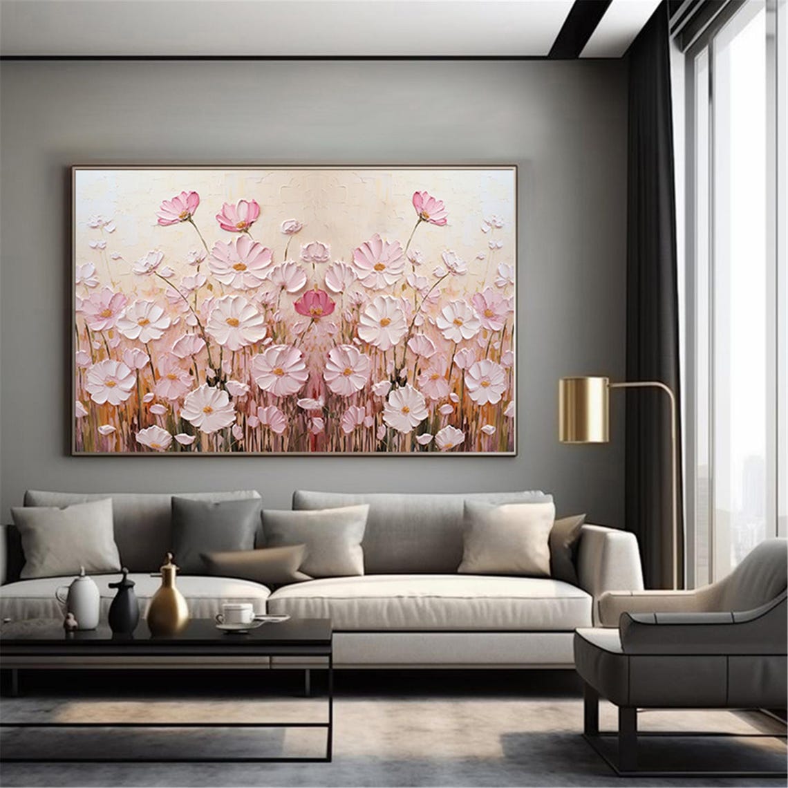 Pink Cosmos Field Cream Background Panoramic Floral Meadow Wall Art - Image 2