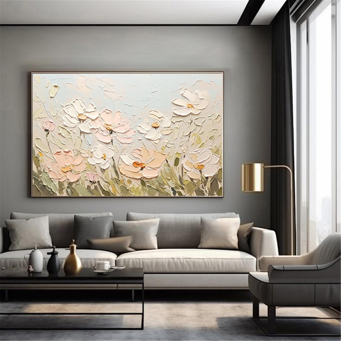 White Peach Blossom Light Sage 3D Textured Floral Painting Poster - Image 3