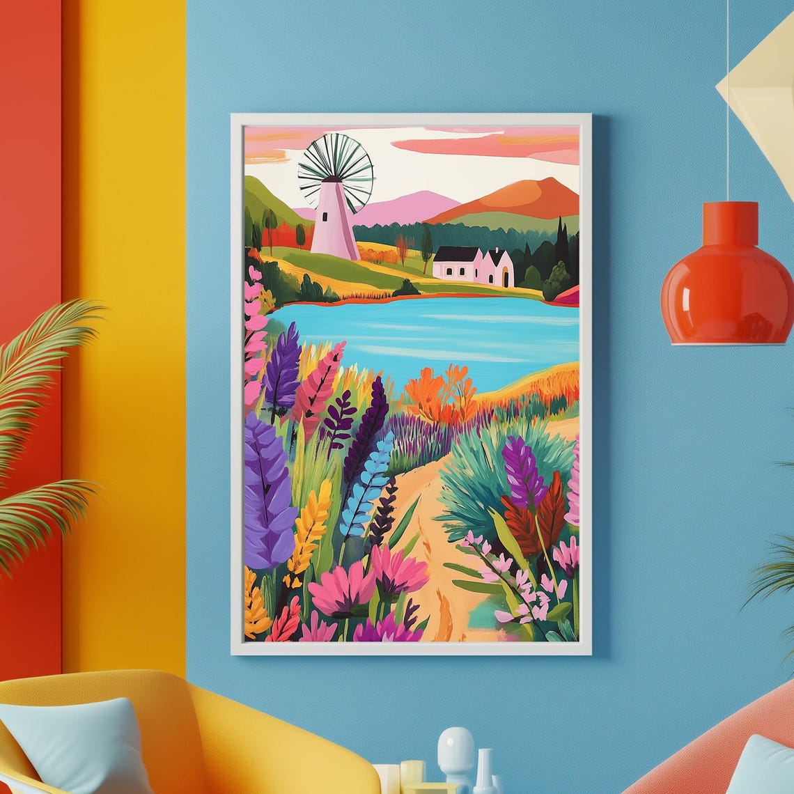 Whimsical Windmill Cottage by a Bright Lakeside Wildflower Art Poster