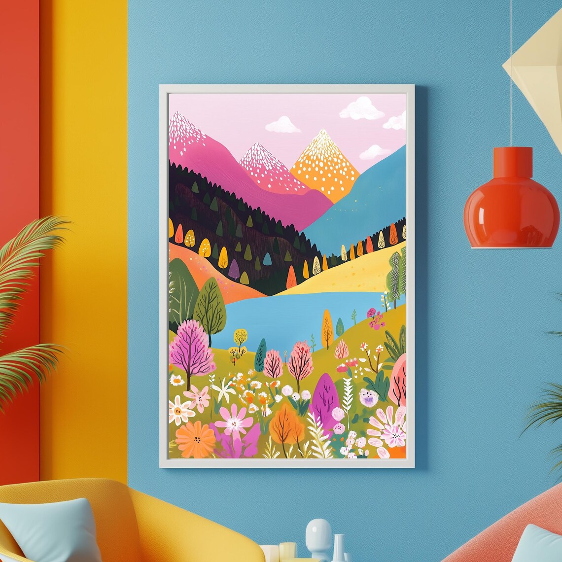 Vibrant Mountain Lake Meadow Beneath Pink Snowy Peaks Art Poster