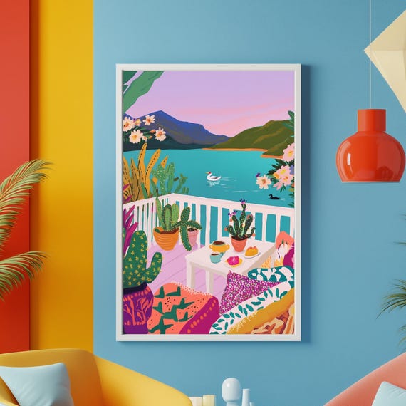 Colorful Lake View Wall Art Boho Balcony Nature Print Vibrant Maximalist Landscape Relaxing Outdoor Art Cozy Scenic Poster