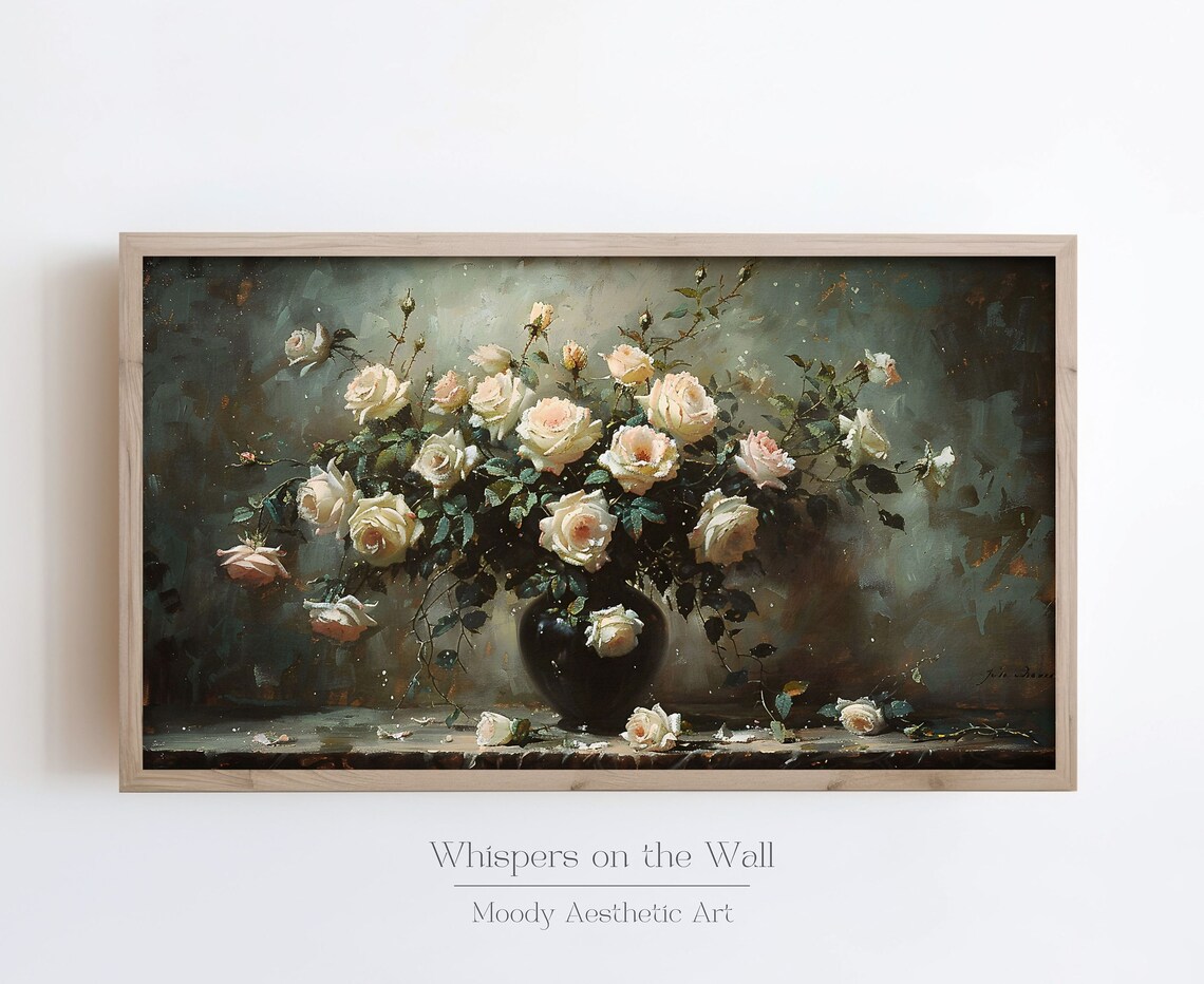White Roses in Dark Vase Vintage Moody Floral Painting Poster - Image 4