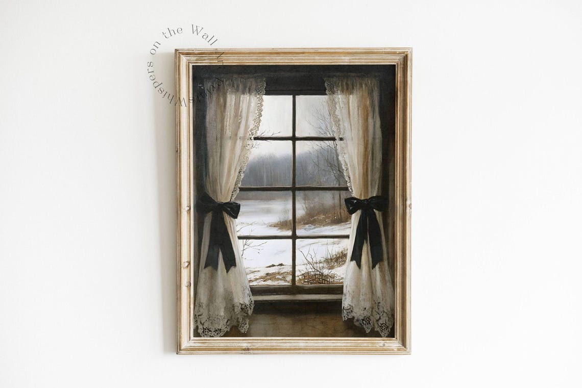 Black Bow Lace Curtain Window Snowy Winter View Coquette Poster