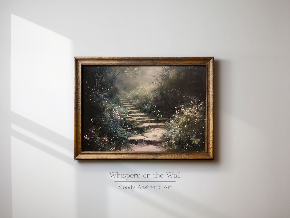 Misty Garden Path with Stone Steps and Wildflowers Oil Painting Poster - Image 2