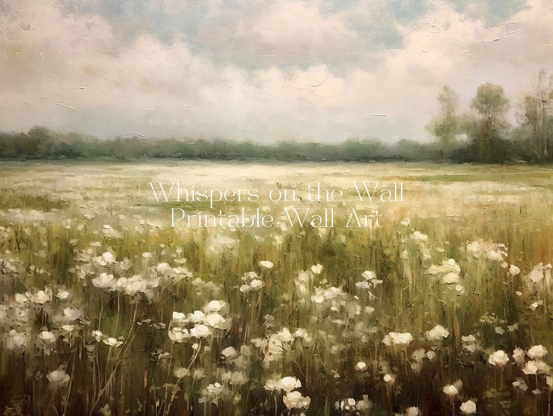 White Wildflower Meadow Soft Neutral Landscape Painting Poster - Image 5