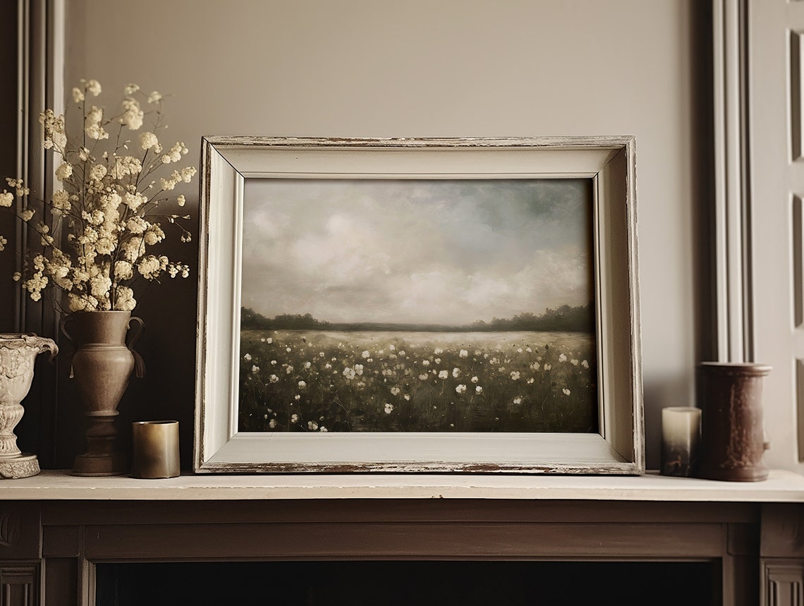 White Wildflowers Field Under Cloudy Sky Neutral Landscape Poster - Image 6