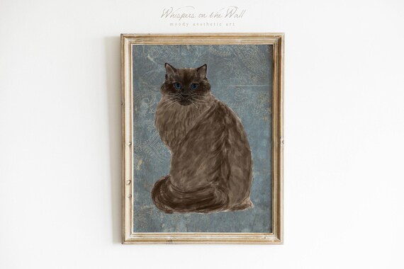 Fluffy Brown Longhair Cat Blue Eyes Vintage Damask Style Poster