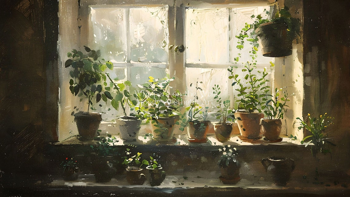 Sunny Windowsill Houseplants Botanical Still Life Painting Poster - Image 5